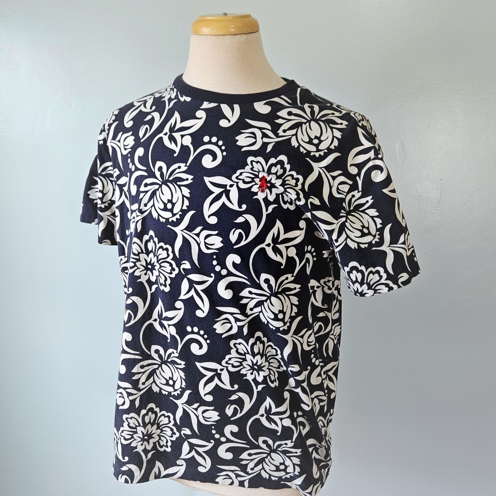Polo Ralph Lauren Mens Floral Hawaiian Scroll Print T-Shirt Navy White M